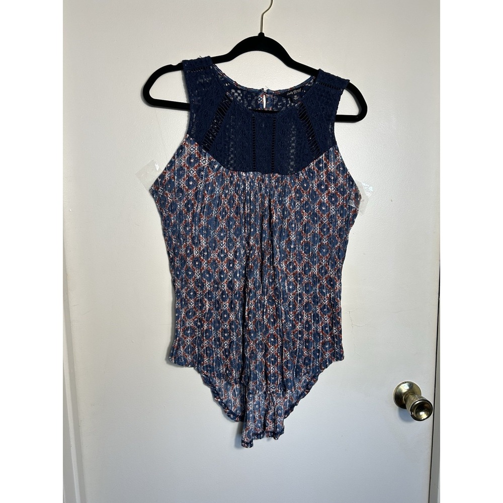Lucky Brand Boho Sleeveless Top Medium Blue Orange Geometric Print Crochet Yoke